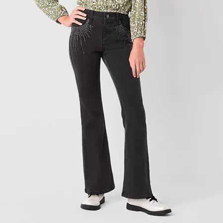 Imperial Star Girls Sunburst Bling Flare Jeans Size 7 Black