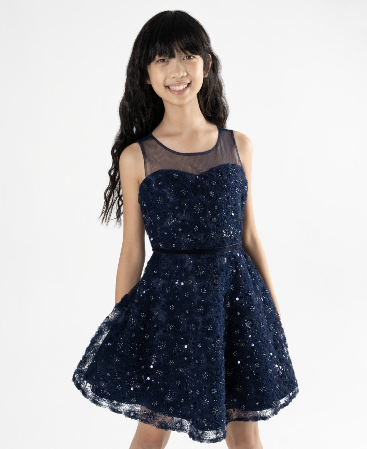 Rare Editions Girls Sequin Soutache Social Dress - Navy  7