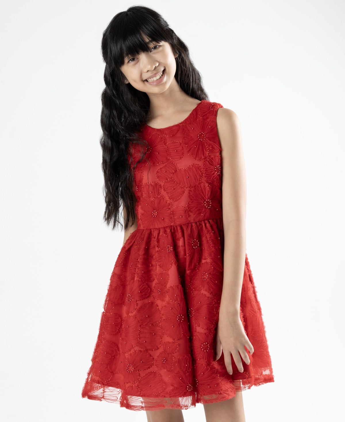 Rare Editions Floral Soutache Dress with Pearls, Size 10 girl Red