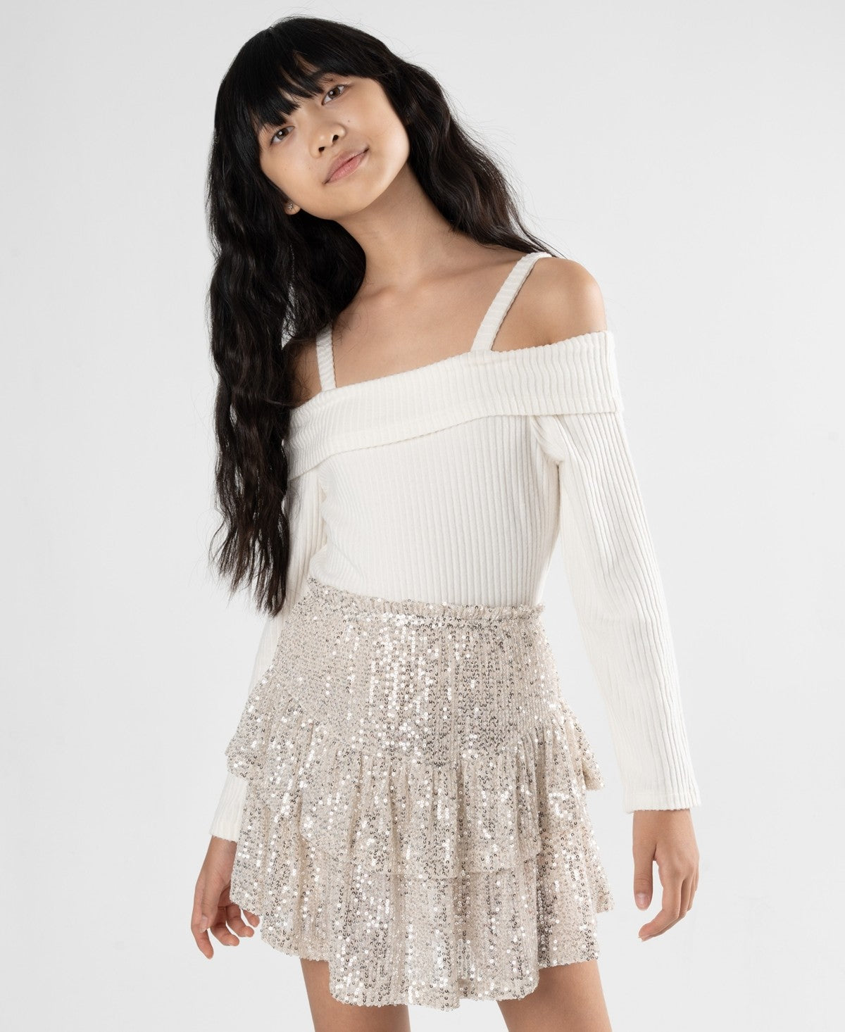 Stella 88 Rib Knit Cold Shoulder Top Ivory, XL girl