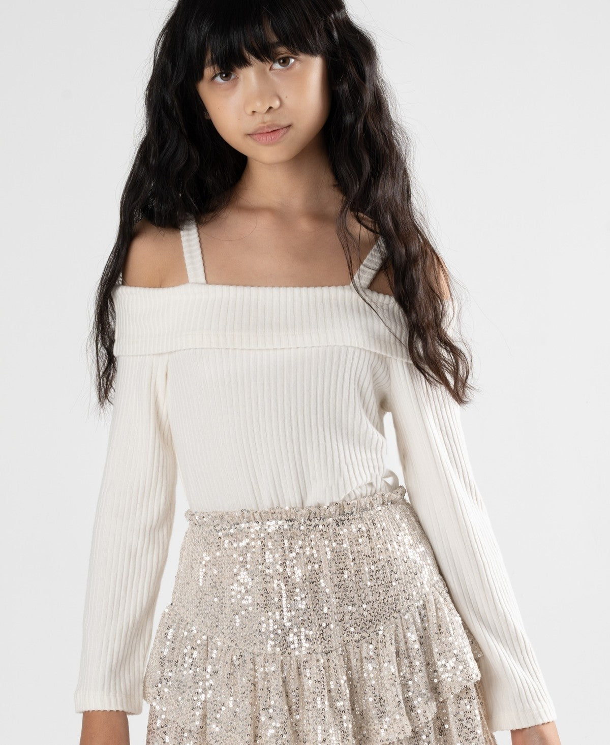 Stella 88 Rib Knit Cold Shoulder Top Ivory, XL girl