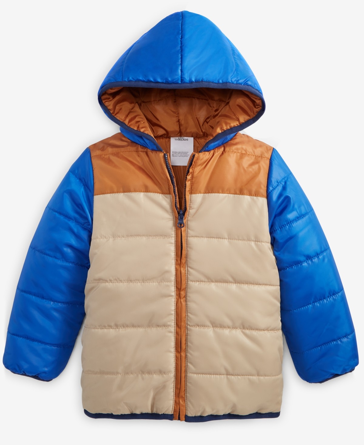 Epic Threads Boys Reversible Hooded Puffer Jacket, L - Brown