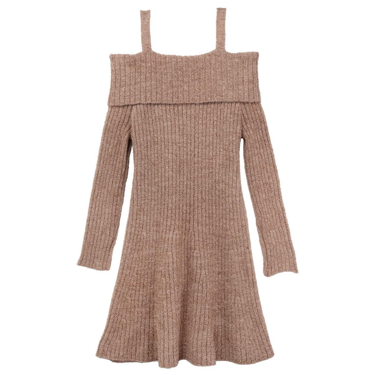 Rare Editions Fuzzy Lurex Dress Cold Shoulder Taupe, Size 8