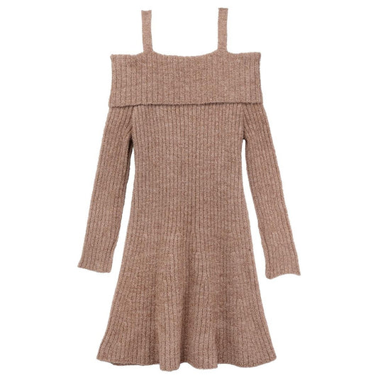 Rare Editions Fuzzy Lurex Dress Cold Shoulder Taupe, Size 8