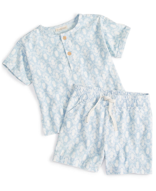 First Impressions Baby Boys Pineapple Stamps Printed Henley & Shorts, 2 Piece Set, Created for Macy's - Lt Wsh Chambray