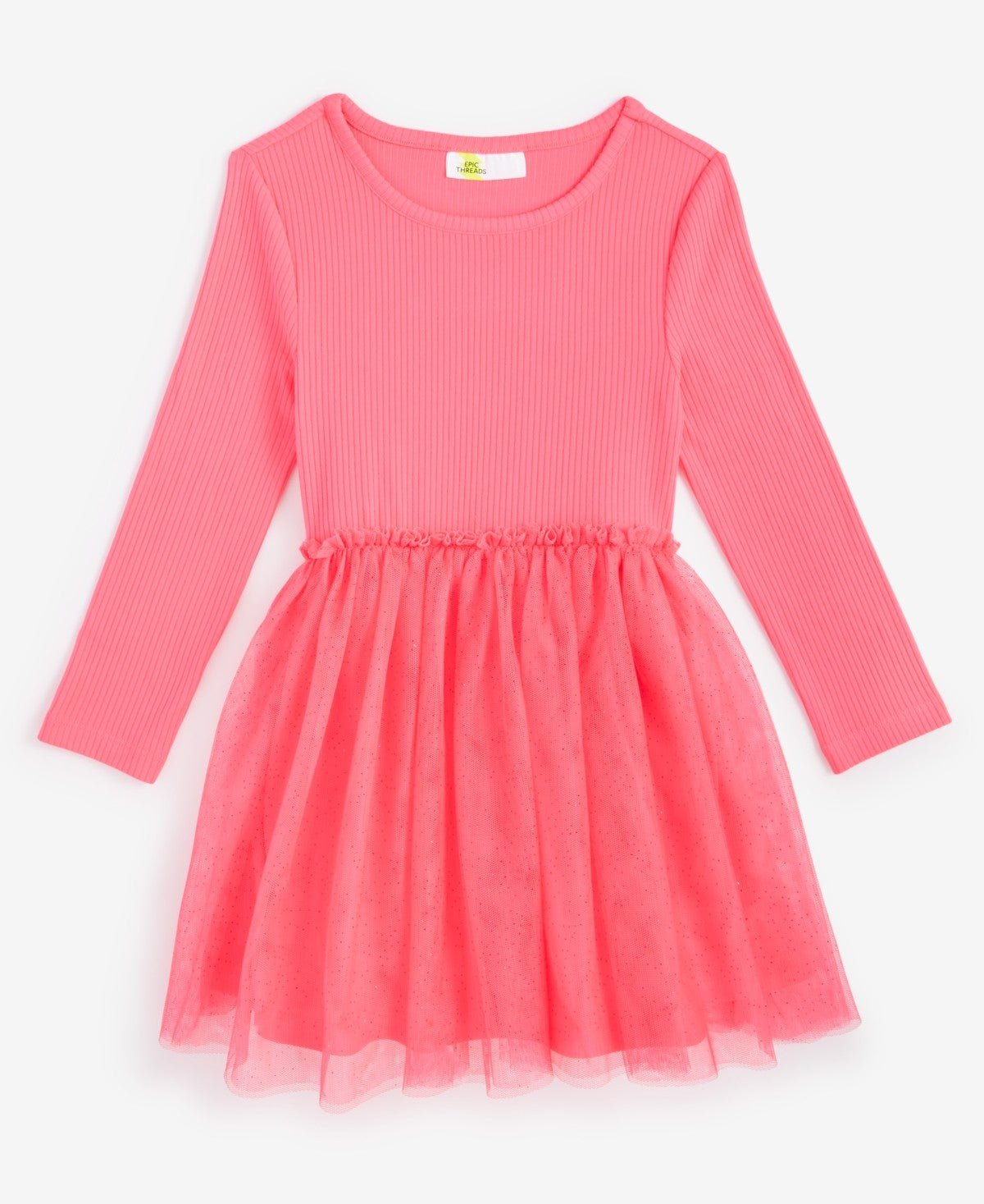 Epic Threads Toddler Girls Long-Sleeve Ribbed Glitter-Tulle Dress - Vivacious Pink