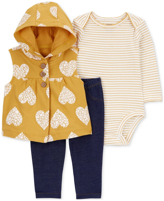 Carter's 3-Pc Baby Girl Heart Vest Set, 3 Months