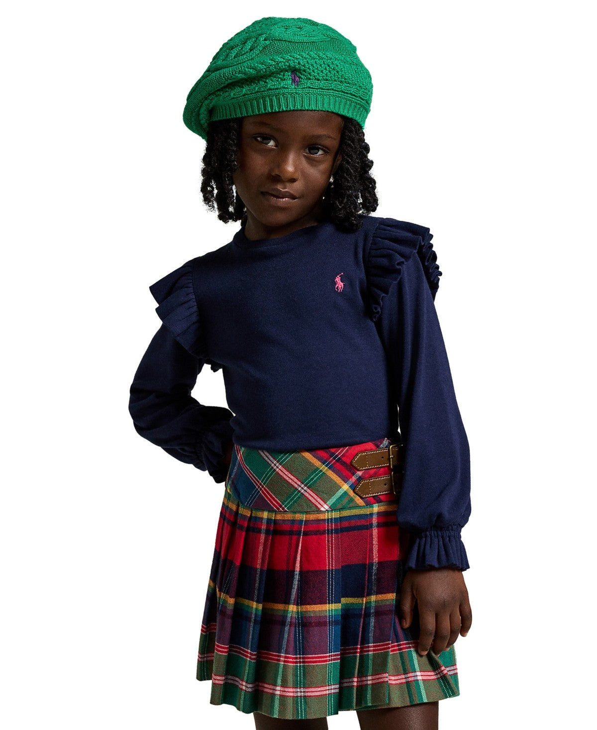 Polo Ralph Lauren Girls Ruffled Long-Sleeve Top 2 - Navy/Pink