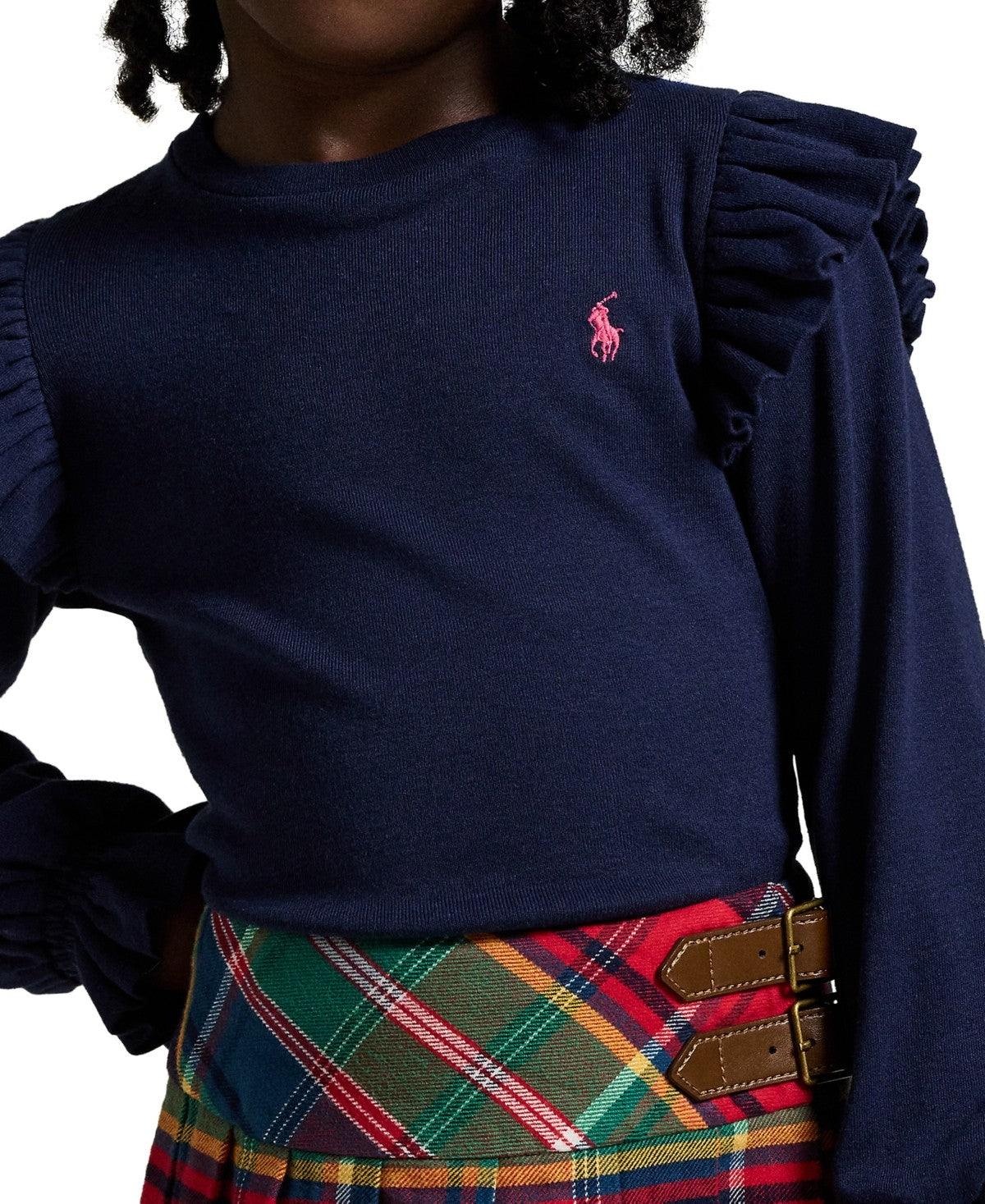 Polo Ralph Lauren Girls Ruffled Long-Sleeve Top 2 - Navy/Pink