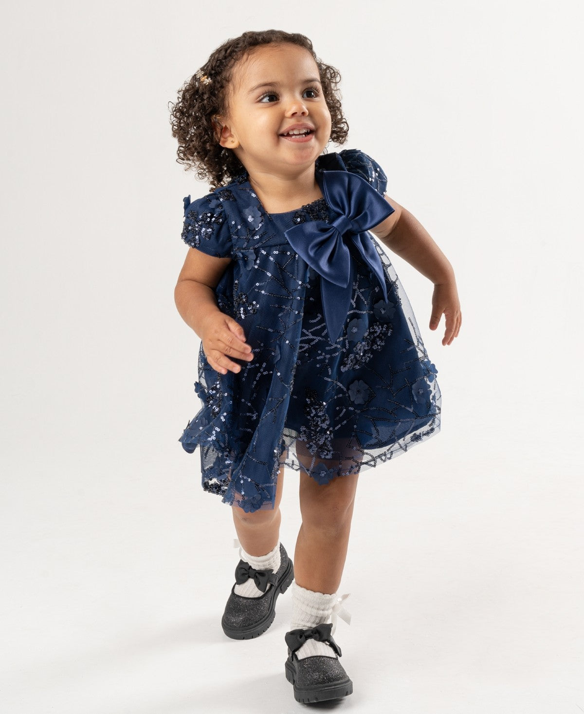 Rare Editions Baby Girl 3D Floral Sequin Dress Navy 3-6M