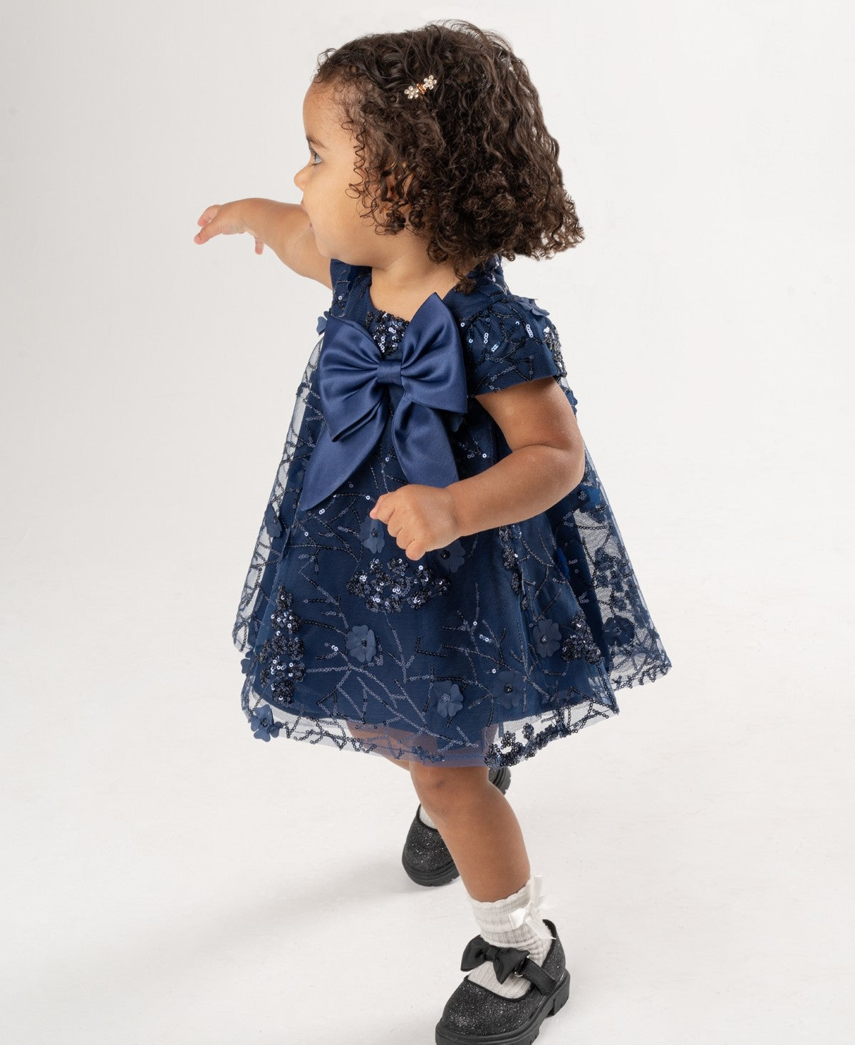 Rare Editions Baby Girl 3D Floral Sequin Dress Navy 3-6M