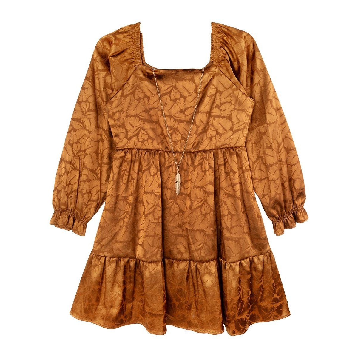 Rare Editions Big Girls Puff Sleeve Ruffle Hem Dress with Necklace, 2-Pieces - Rust
