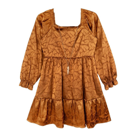 Rare Editions Big Girls Puff Sleeve Ruffle Hem Dress with Necklace, 2-Pieces - Rust
