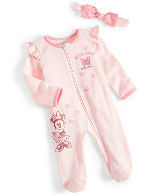 Disney Baby Girls Minnie Mouse Footed Coverall & Headband, 2 Piece Set - Pink
