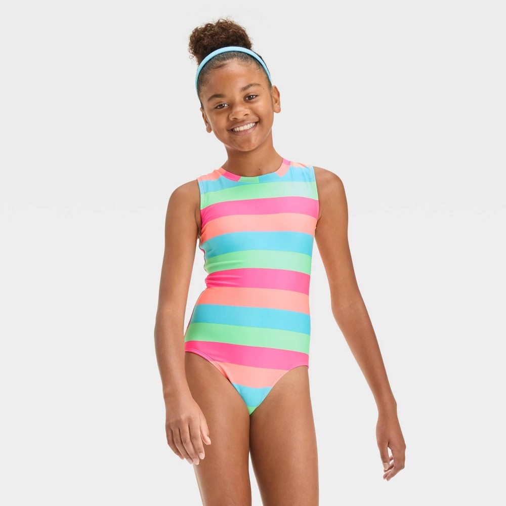 Girls' Sweet Summer Striped One Piece Swimsuit - Art Class M Sleeveless, Back Zipper