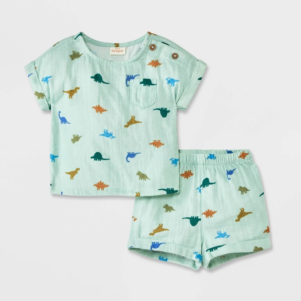 Cat & Jack Baby Boys' Dinosaur Gauze Set, Green, newborn