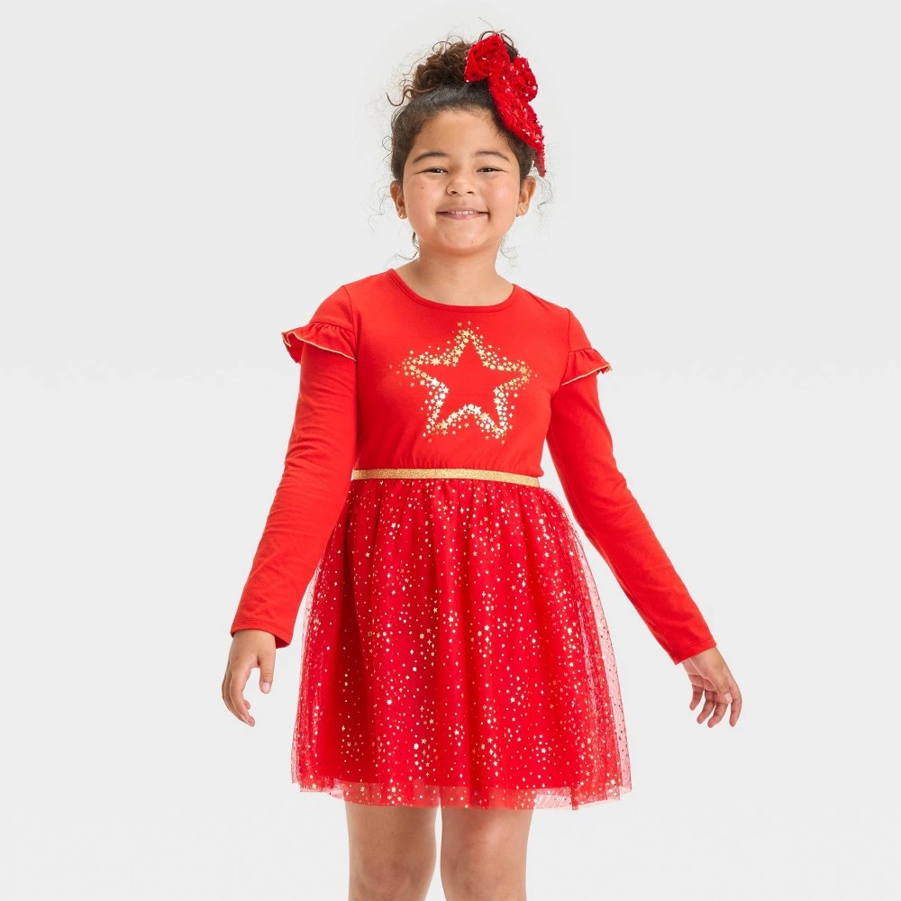 Cat & Jack Girls' Star Tulle Dress, Long Sleeve, Red M