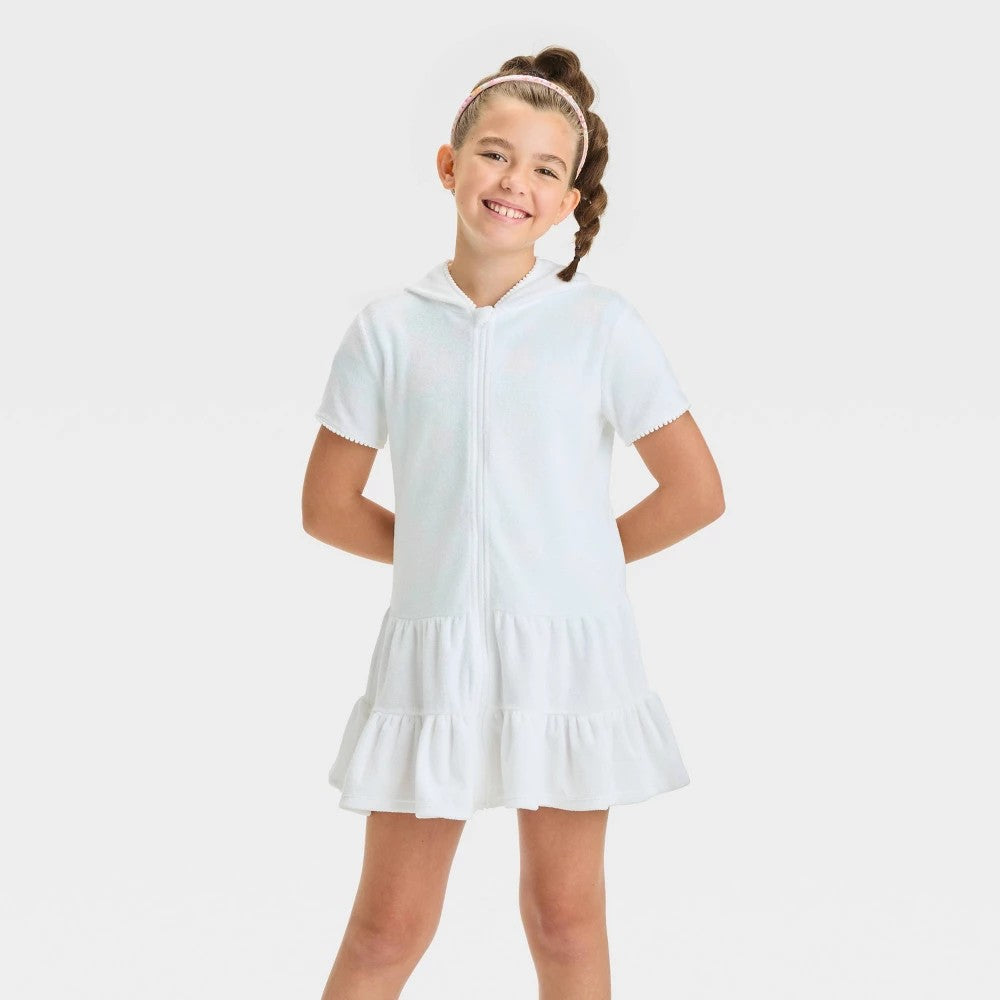 Cat & Jack Girls' Short Sleeve Dress XS - UPF 50+ White