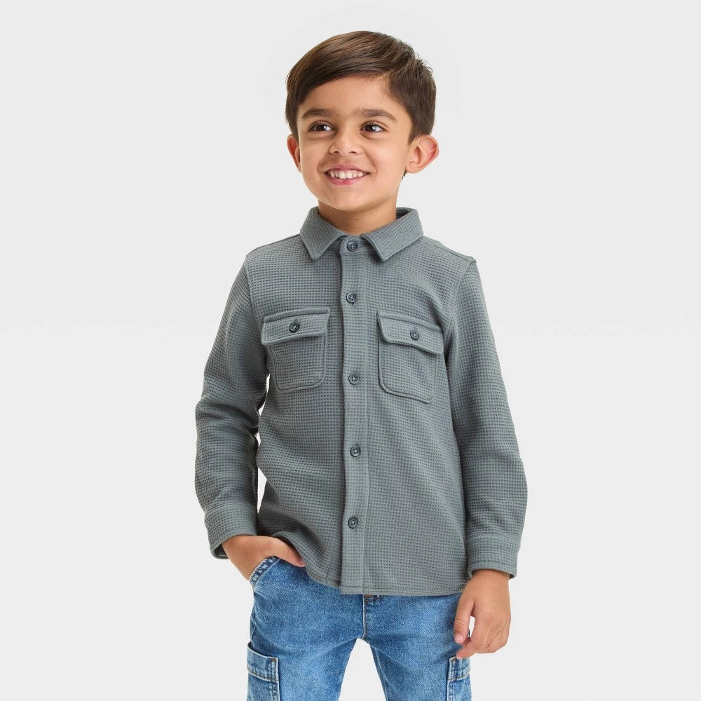 Toddler Boys' Waffle Button-up Shirt - Cat & Jack™ Gray 4T
