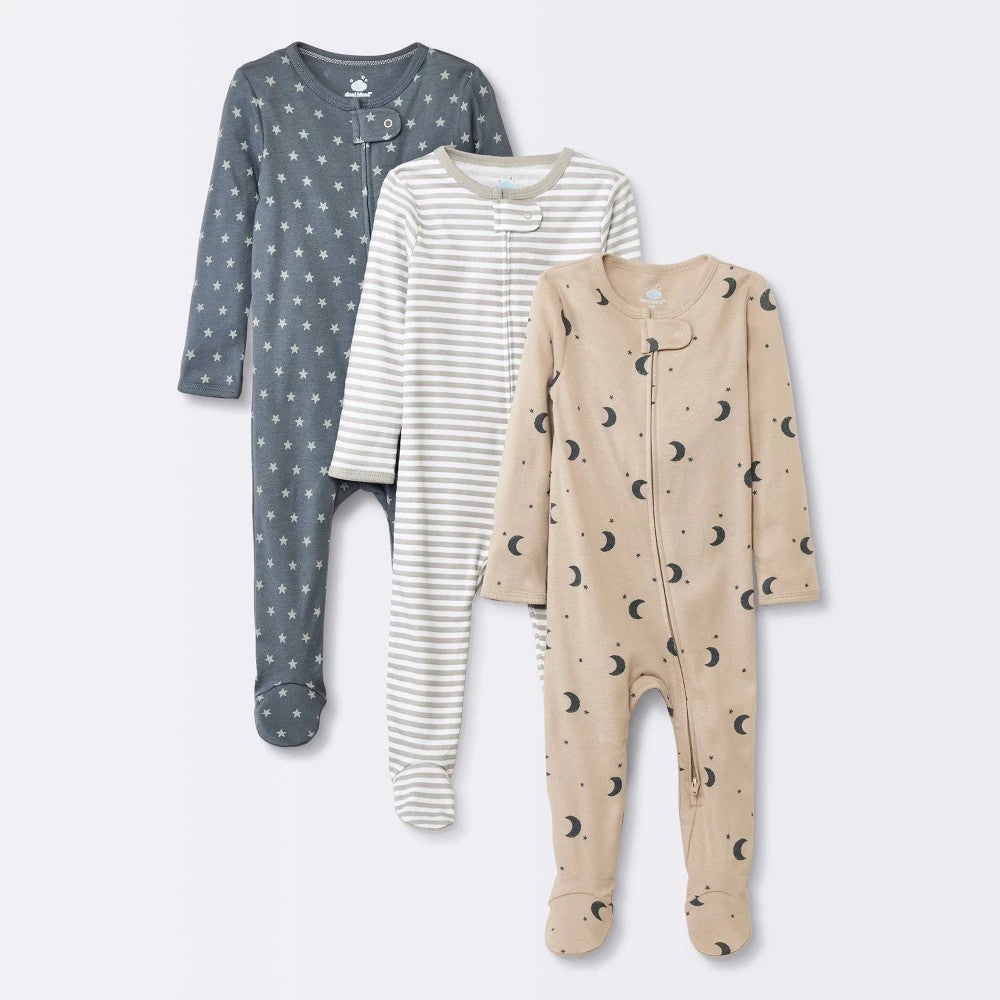 Baby 3pk Cotton Moons Sleep N' Play - Cloud Island™ Gray 0-3M: Footed Pajamas, Long Sleeve, Covered Zipper, Machine Washable