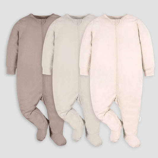 Gerber Baby 3pk Tonal Sleep N' Play - Neutral 0-3M: Cotton Knit Footed Pajamas, Long Sleeve, Inverted Zipper