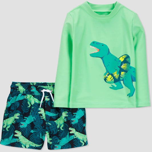 Carter's Just One You Toddler Boys' Long Sleeve Dinosaur Printed Rash Guard Set - Green 4T: UPF 50+, Elastic Waistband