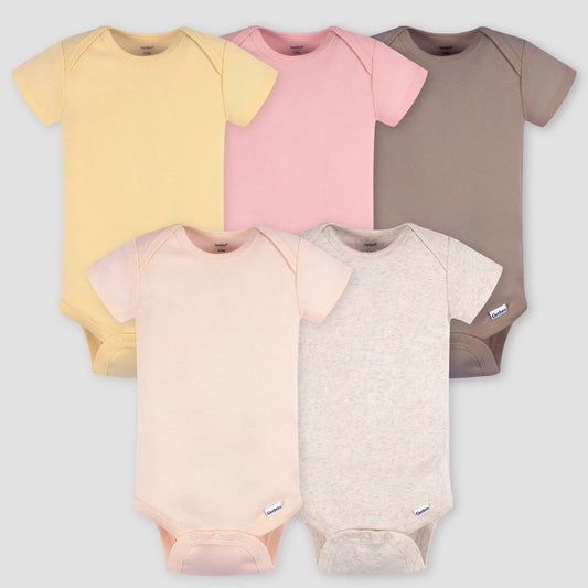 Gerber Baby 5pk Short Sleeve Onesies - Pink 3-6M: Cotton Knit Bodysuits, Pullover & Crotch Snap