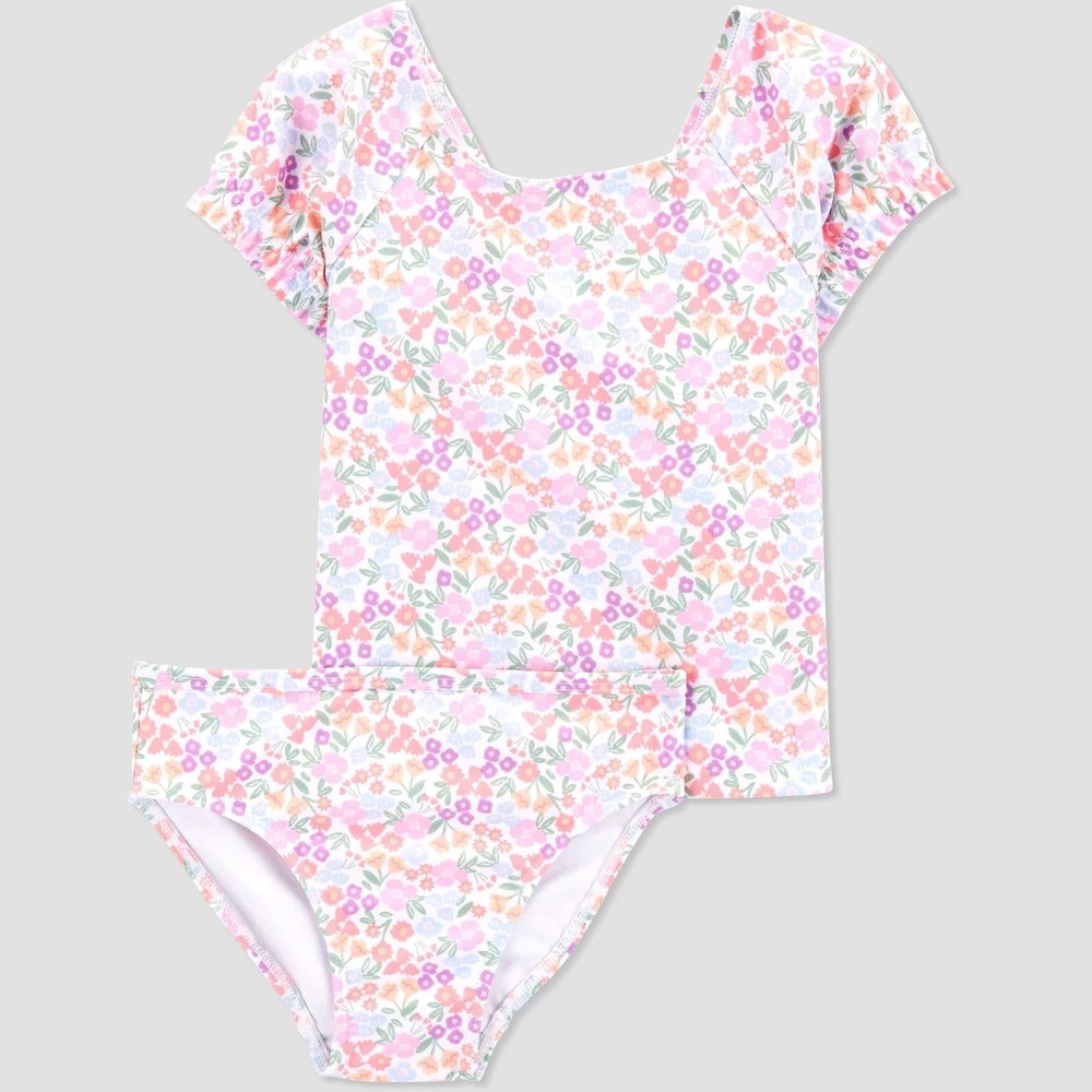 Carter's Toddler Girls' Ruffle Ditsy Floral Printed Rashguard Set - Pink/White 3T