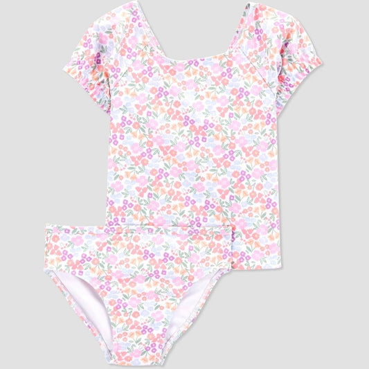 Carter's Toddler Girls' Ruffle Ditsy Floral Printed Rashguard Set - Pink/White 3T