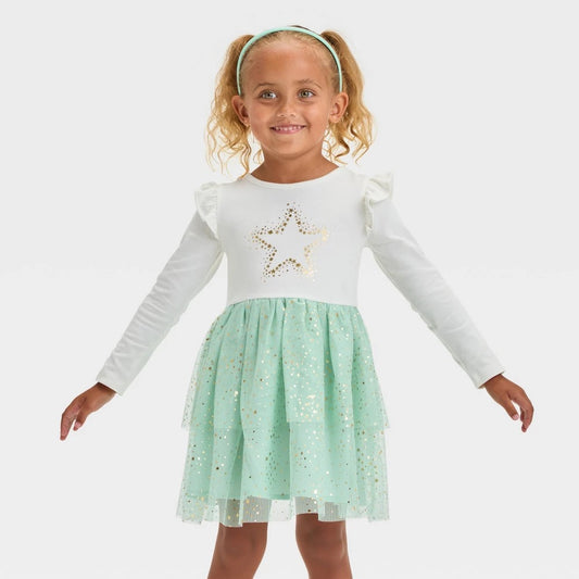 Toddler Girls' Long Sleeve Star Tulle Dress - Cat & Jack™ Cream 3T