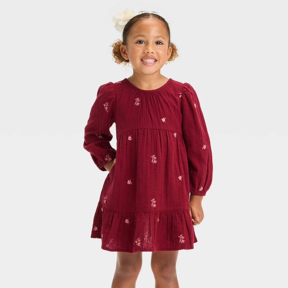 Cat & Jack Toddler Girls' Floral Dress Dark Red 4T