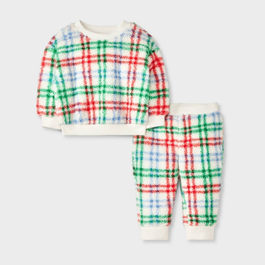 Baby Shearling Top & Bottom Set - Cat & Jack™ Cream 3-6M: Midweight Faux Plush, Plaid Pattern, Recycled Polyester