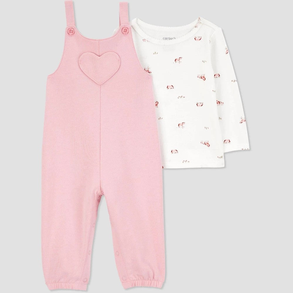 Carter's Baby Girls' Heart Overalls Set, Cream/Pink, 18M