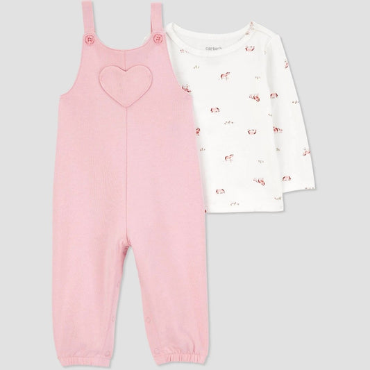 Carter's Baby Girls' Heart Overalls Set, Cream/Pink, 18M