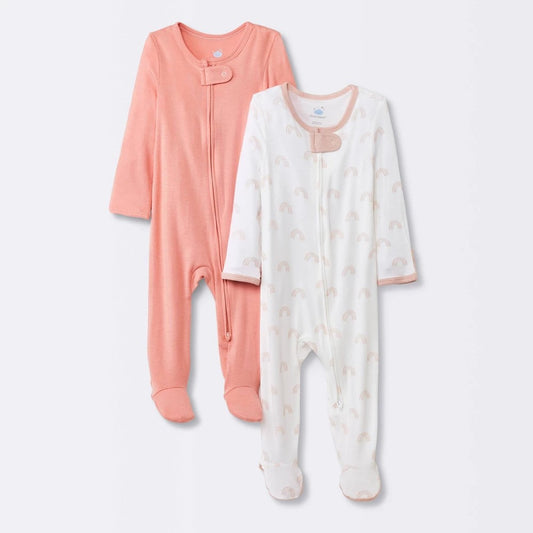 Baby Girls' 2pk Rainbow So Very Soft Modal Blend Sleep N' Play - Cloud Island™ Pink Newborn: Footed Pajamas, Long Sleeve, Mitten Cuff