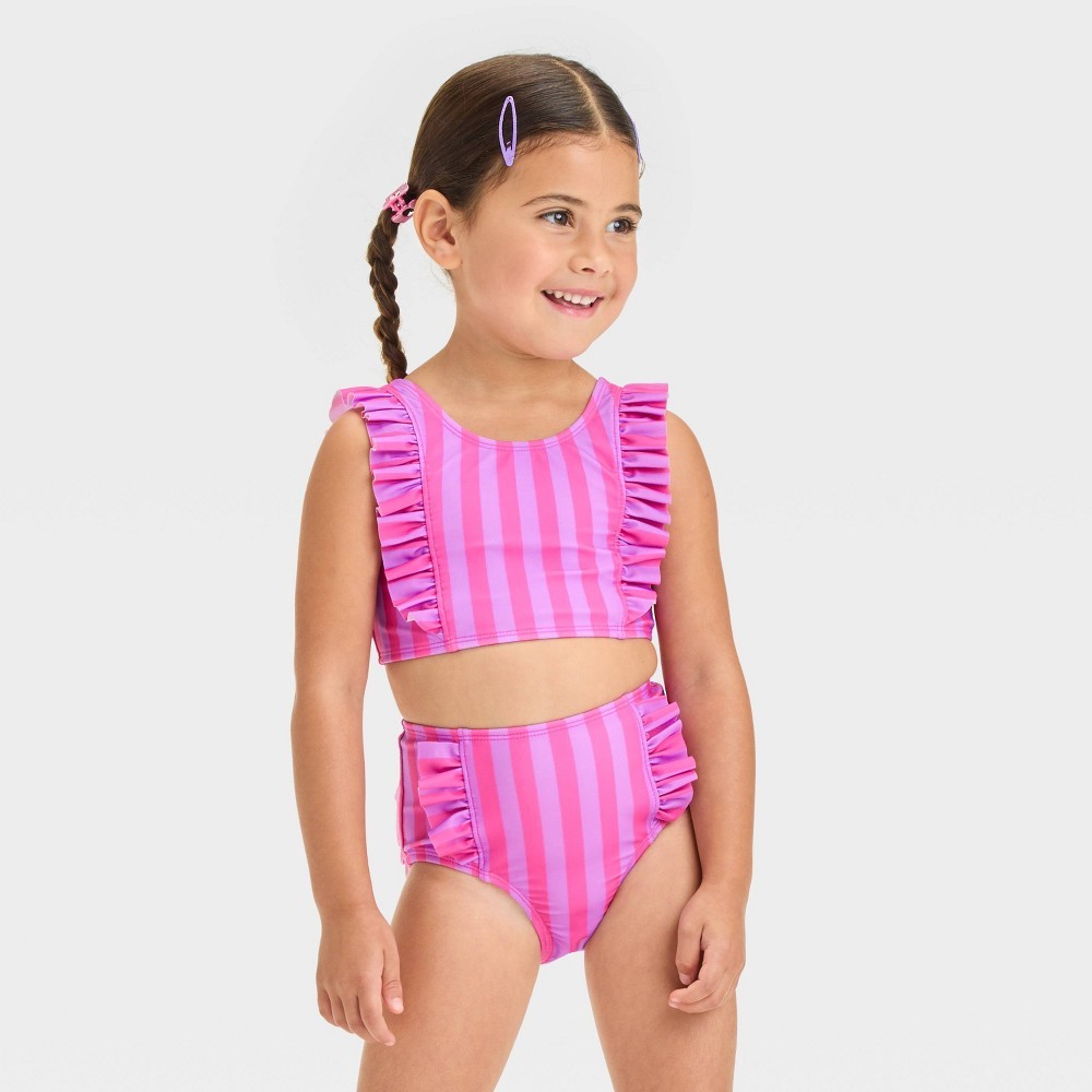 Toddler Girls' Striped Ruffle Bikini Set - Cat & Jack™ Purple/Pink 2T