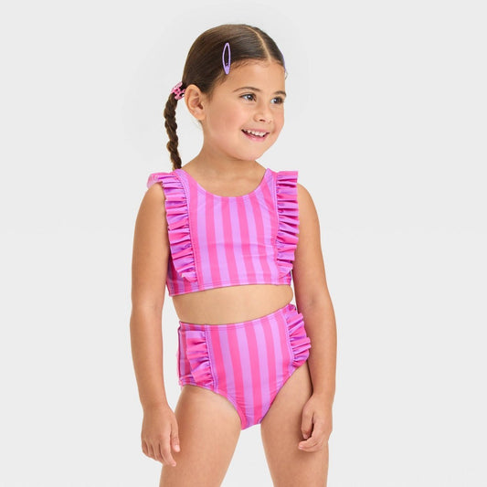 Toddler Girls' Striped Ruffle Bikini Set - Cat & Jack™ Purple/Pink 2T