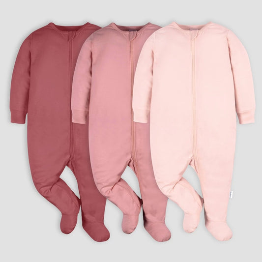 Gerber Baby 3pk Tonal Sleep N' Play - Pink 3-6M: Cotton Spandex Blend, Footed Pajamas, Long Sleeve, Inverted Zipper