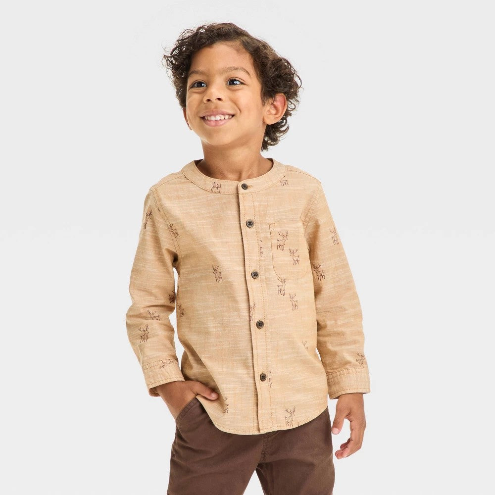 Toddler Boys' Deer Printed Long Sleeve Stretch Button-Down Shirt - Cat & Jack™ Brown 2T