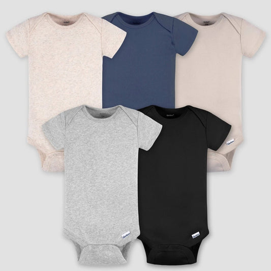 Gerber Baby 5pk Short Sleeve Onesies - Cream 6-9M: Cotton Knit Bodysuits, Pullover Crotch Snap