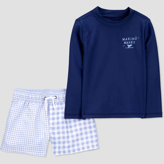 Carter's Toddler Boys' 5T Blue Gingham Rash Guard Set UPF 50+