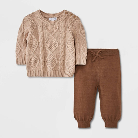 Grayson Mini Baby Crew Cable Top & Bottom Set - Brown Newborn: Midweight Cotton Acrylic Knit, Long Sleeve Pullover, Jogger Pant