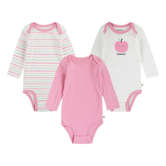 Huggies Baby Girls' 3pk Food & Flowers Organic Long Sleeve Bodysuit - Pink/Yellow/White 18M
