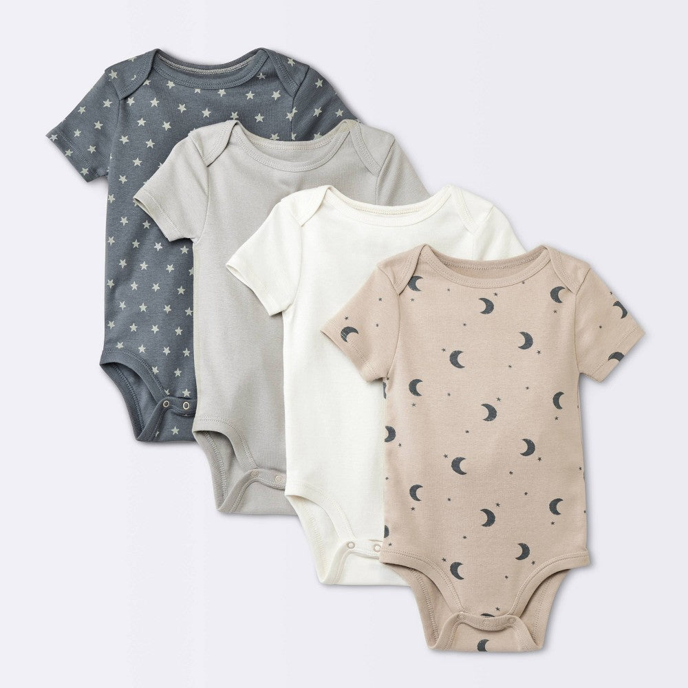 Baby 4pk Short Sleeve Moons Bodysuit - Cloud Island™ Gray 0-3M: Cotton, Crotch Snap, Lap Shoulder