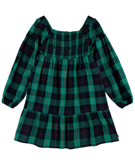 Levi's Big Girls Long Sleeve Smocked Top Plaid Dress - Sporting Green
