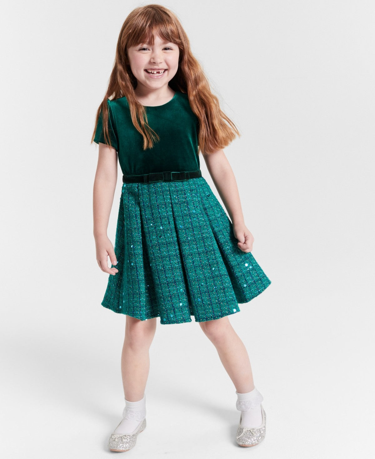 Rare Editions Velvet Sequin Tweed Dress 2T- Hunter