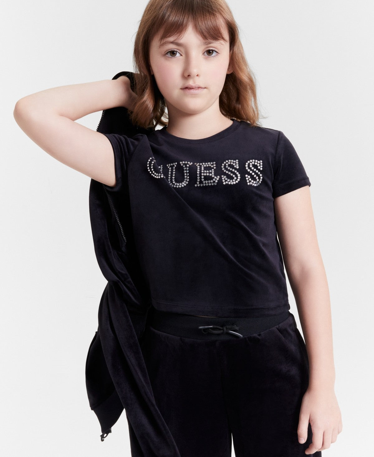 Guess Velour T-Shirt Rhinestone-Embellished, Black, Size 8 girl