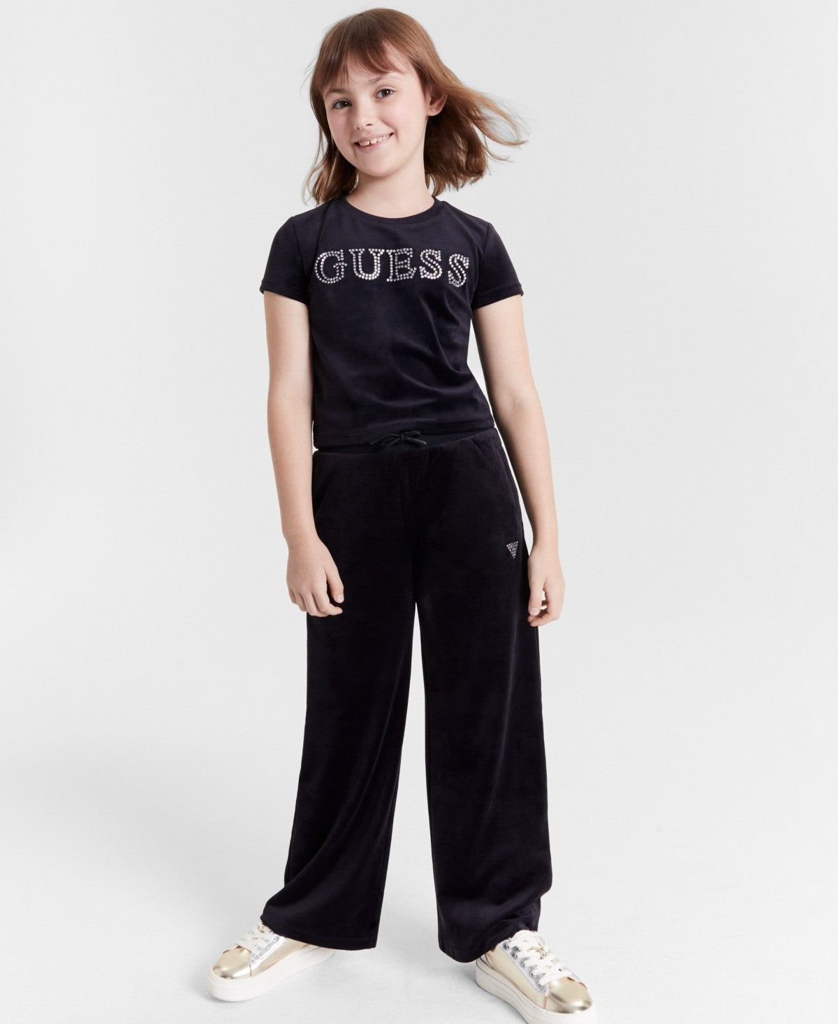 Guess Velour T-Shirt Rhinestone-Embellished, Black, Size 8 girl