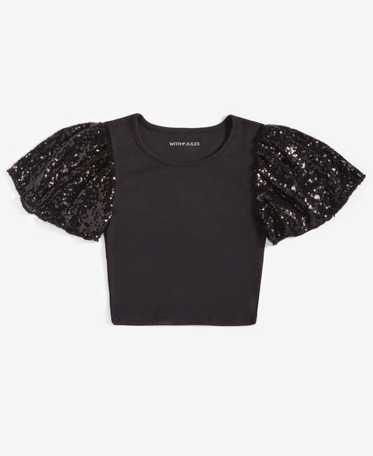 With Jules Ribbed Sequin Flutter-Sleeve Top, Size S - Black girl