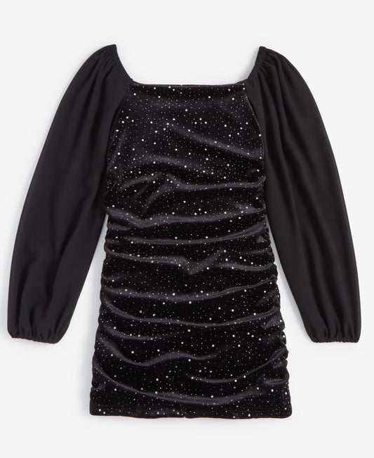 With Jules Velvet Ruched Dress, Sheer Sleeves, Black, XL girl